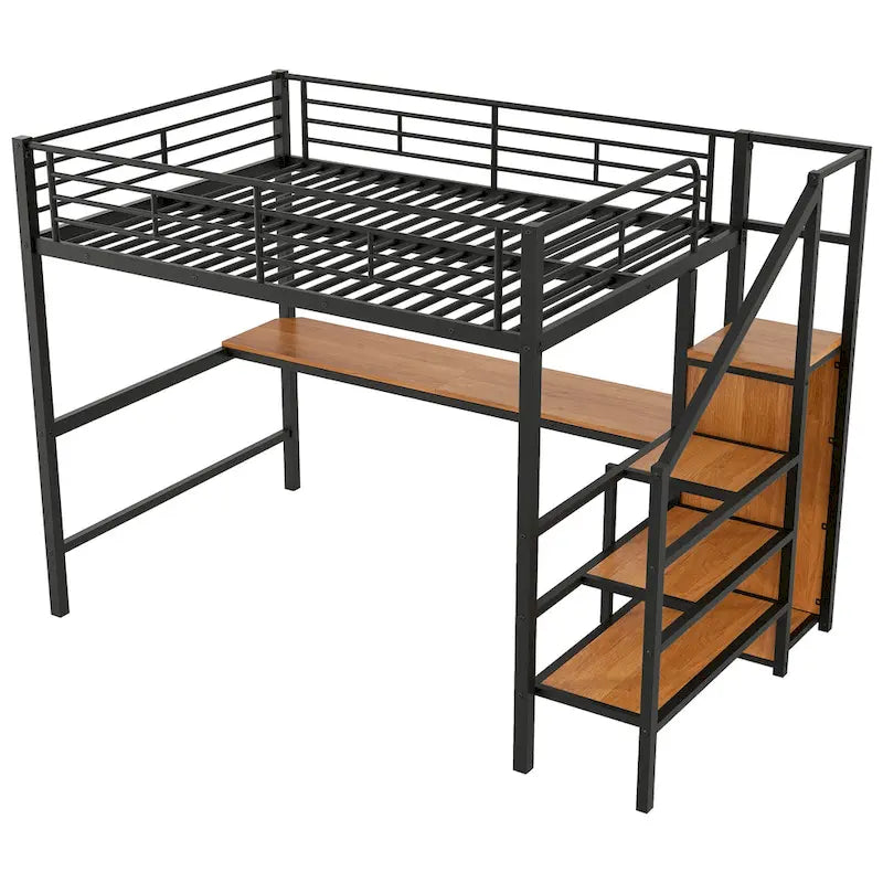 Full Size Loft Bed w/Desk,Storage Staircase,Small Wardrobe,LED Light