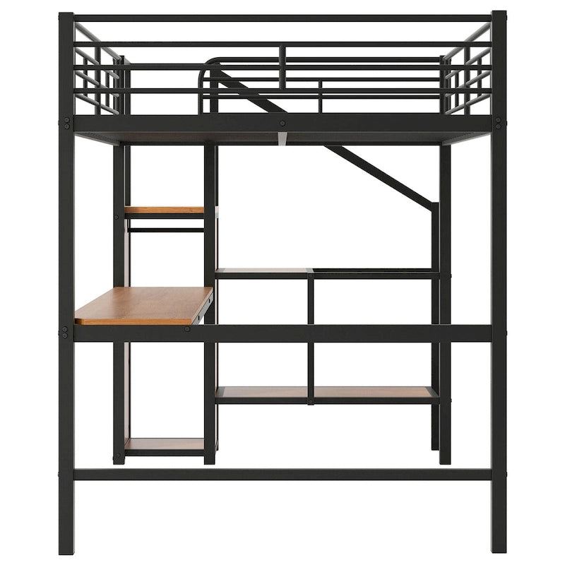 Full Size Loft Bed w/Desk,Storage Staircase,Small Wardrobe,LED Light