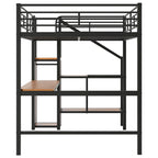 Full Size Loft Bed w/Desk,Storage Staircase,Small Wardrobe,LED Light