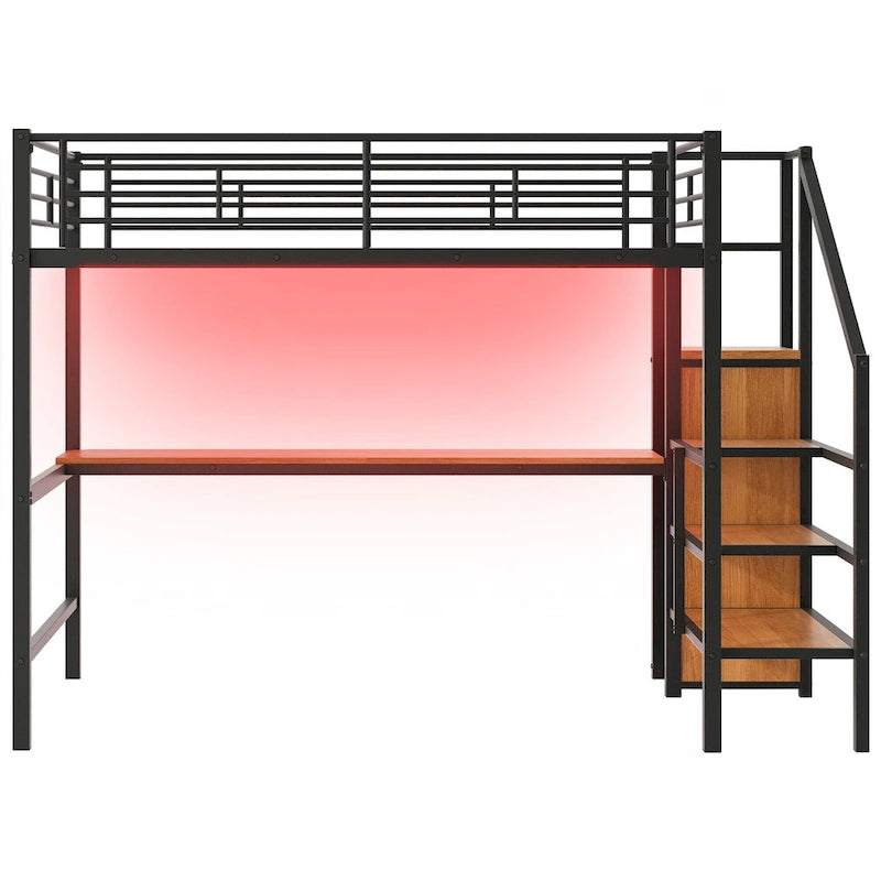 Full Size Loft Bed w/Desk,Storage Staircase,Small Wardrobe,LED Light