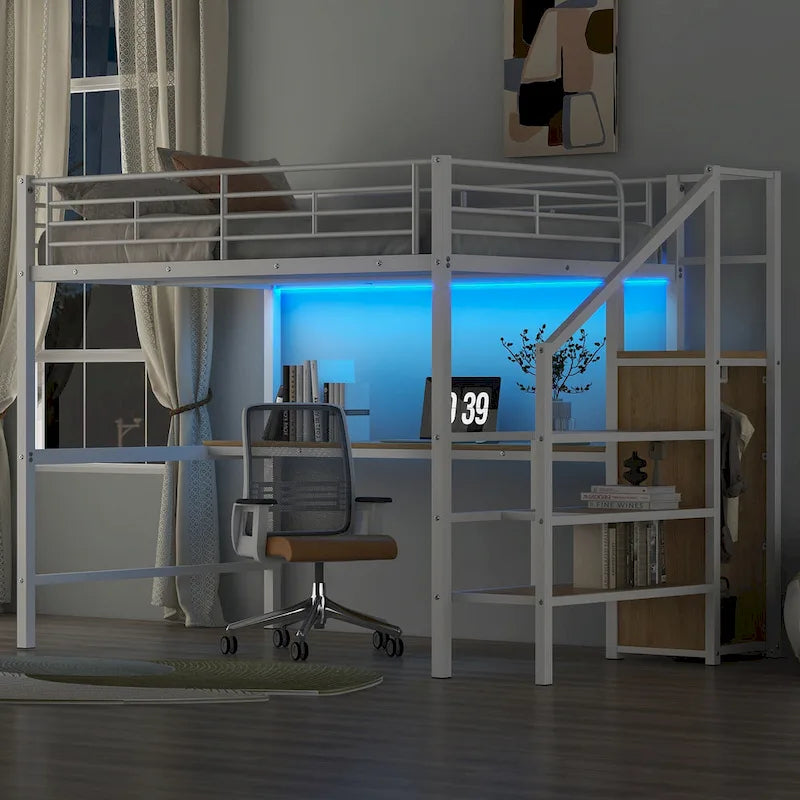 Full Size Loft Bed w/Desk,Storage Staircase,Small Wardrobe,LED Light