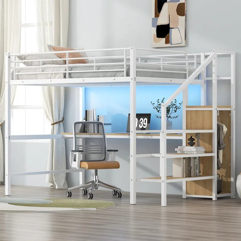 Full Size Loft Bed w/Desk,Storage Staircase,Small Wardrobe,LED Light