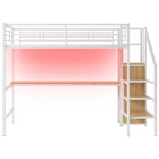 Full Size Loft Bed w/Desk,Storage Staircase,Small Wardrobe,LED Light