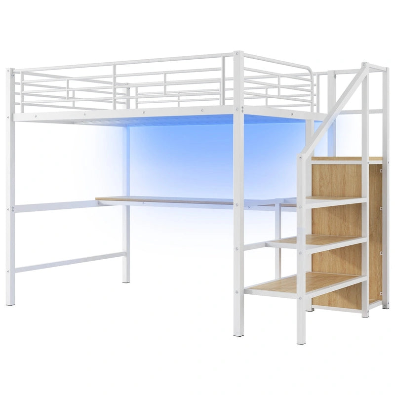 Full Size Loft Bed w/Desk,Storage Staircase,Small Wardrobe,LED Light