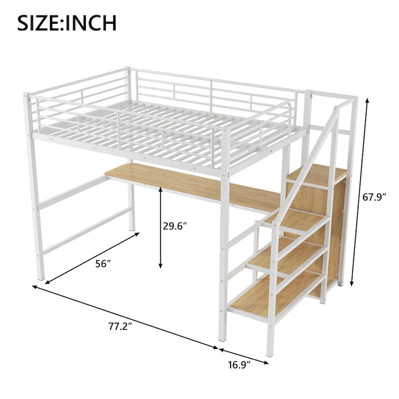 Full Size Loft Bed w/Desk,Storage Staircase,Small Wardrobe,LED Light