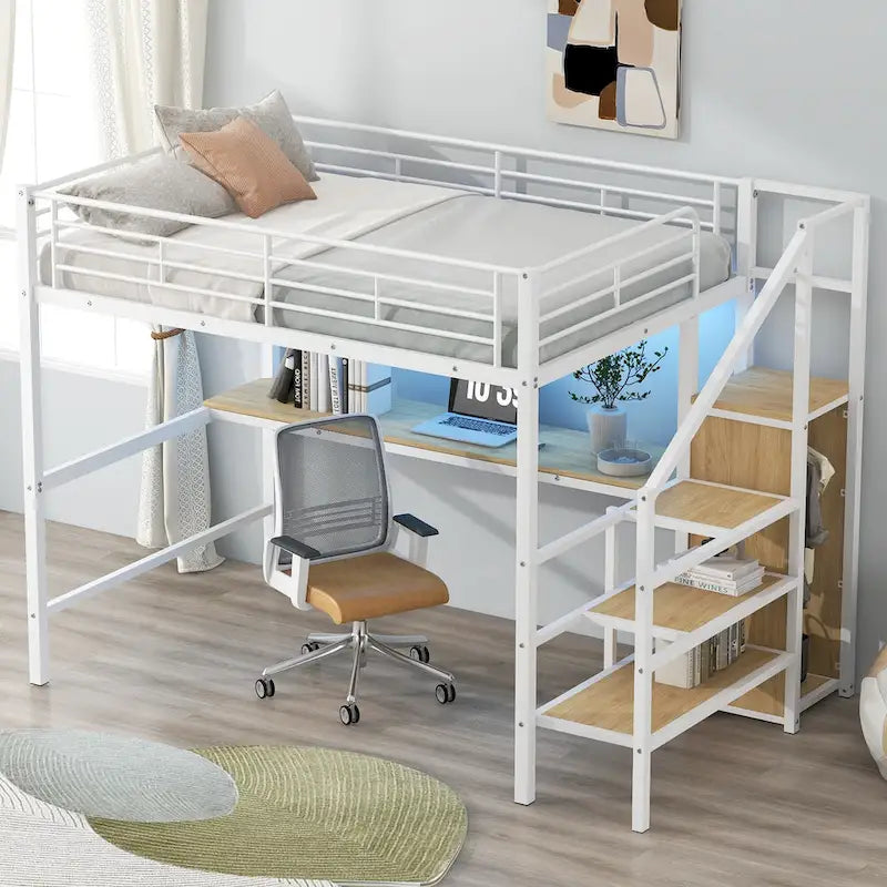 Full Size Loft Bed w/Desk,Storage Staircase,Small Wardrobe,LED Light