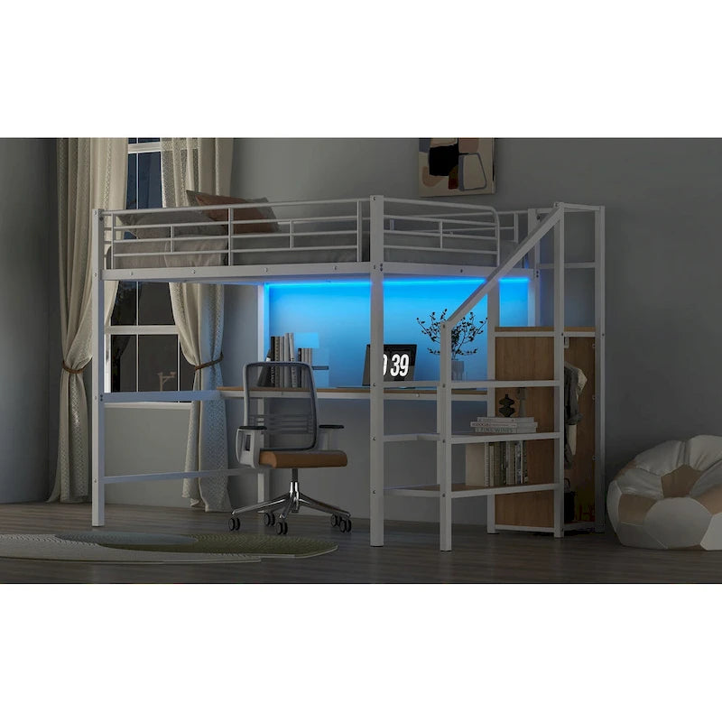 Full Size Loft Bed w/Desk,Storage Staircase,Small Wardrobe,LED Light