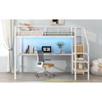Full Size Loft Bed w/Desk,Storage Staircase,Small Wardrobe,LED Light