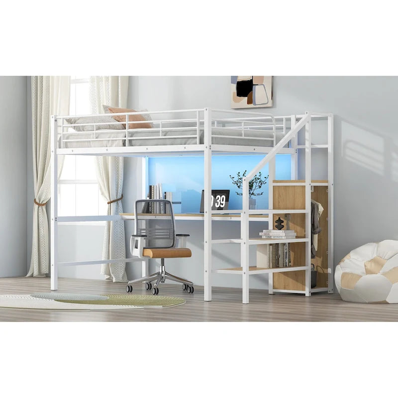 Full Size Loft Bed w/Desk,Storage Staircase,Small Wardrobe,LED Light