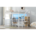 Full Size Loft Bed w/Desk,Storage Staircase,Small Wardrobe,LED Light
