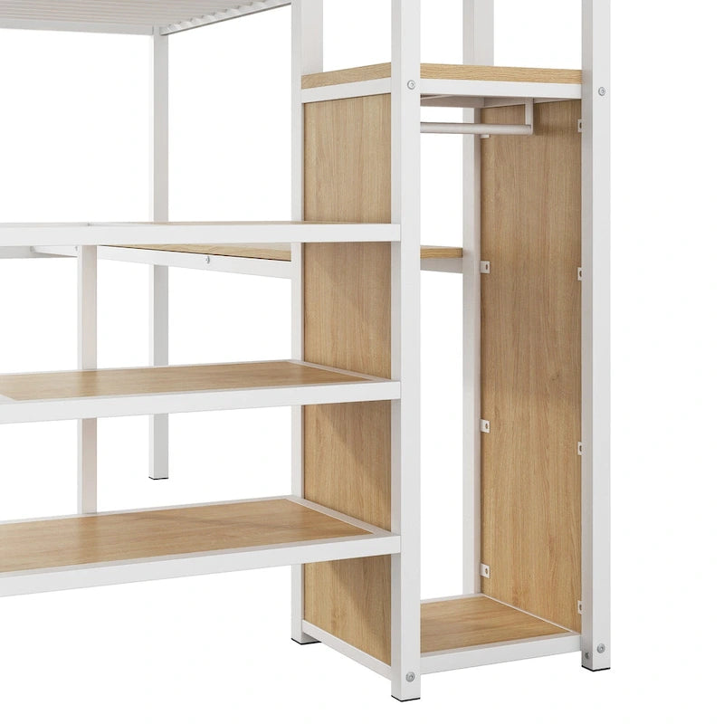 Full Size Loft Bed w/Desk,Storage Staircase,Small Wardrobe,LED Light