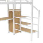 Full Size Loft Bed w/Desk,Storage Staircase,Small Wardrobe,LED Light