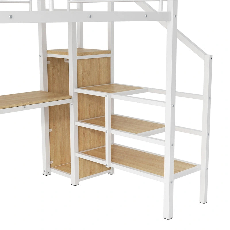 Full Size Loft Bed w/Desk,Storage Staircase,Small Wardrobe,LED Light
