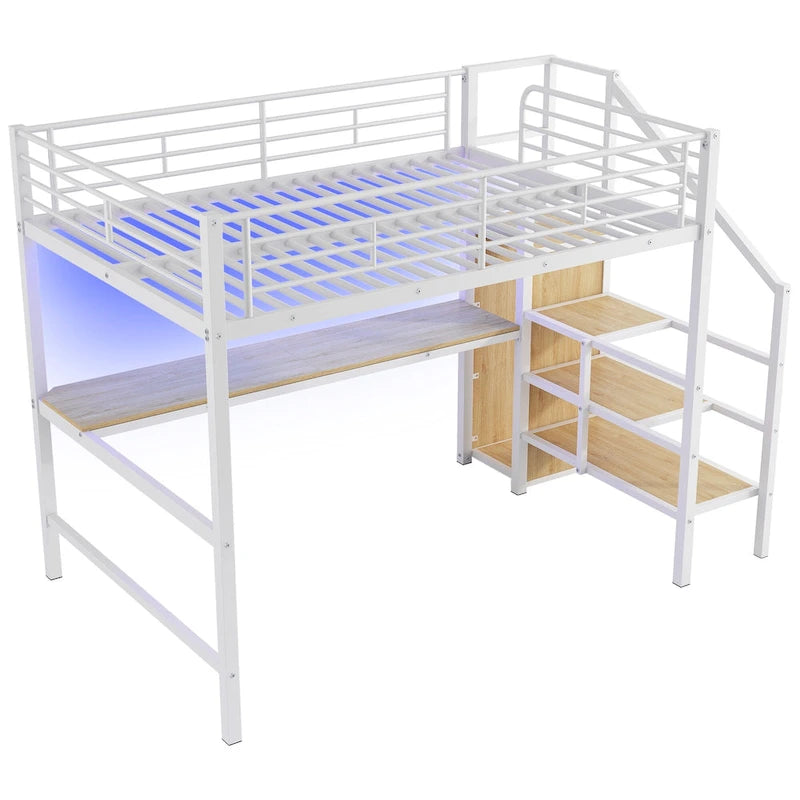 Full Size Loft Bed w/Desk,Storage Staircase,Small Wardrobe,LED Light