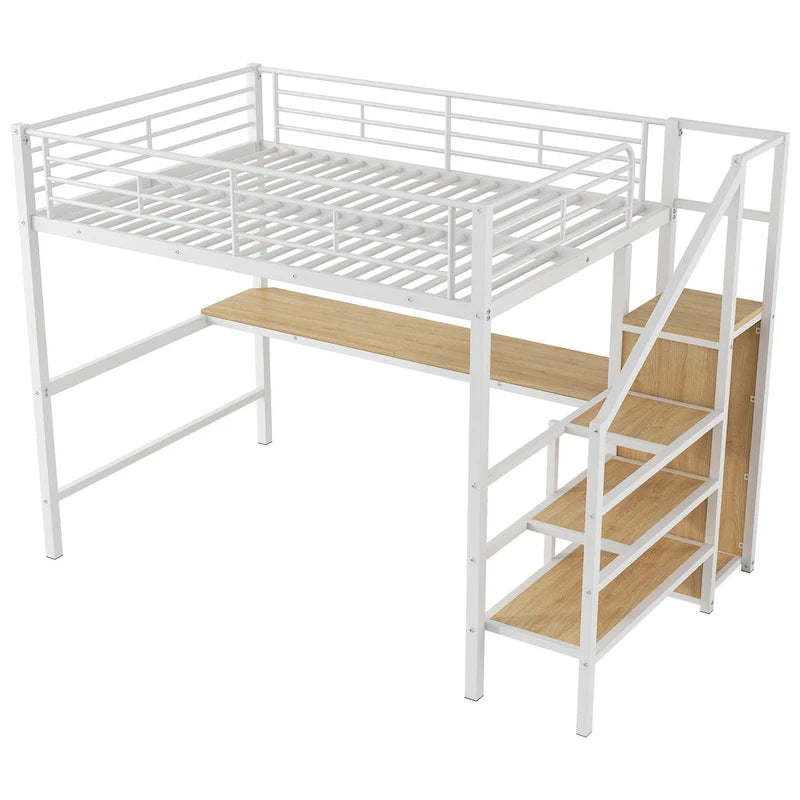 Full Size Loft Bed w/Desk,Storage Staircase,Small Wardrobe,LED Light