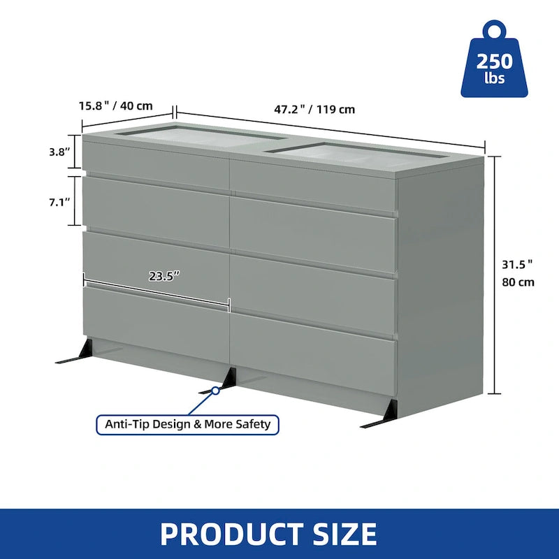 Moasis 8 Drawer Dresser with RGB Light,High Gloss Horizontal Storage Dresser