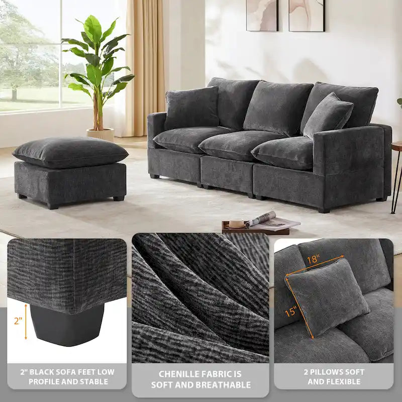 L-Shape Modular Sectional Sofa, 4 Seat Chenille Sectional Couch