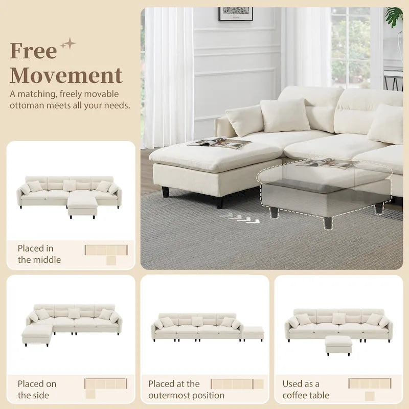 110 L-Shaped 5 Seater Sectional Sofa with Removable Ottoman, Cloud Chenille Upholstery and 5 Pillows