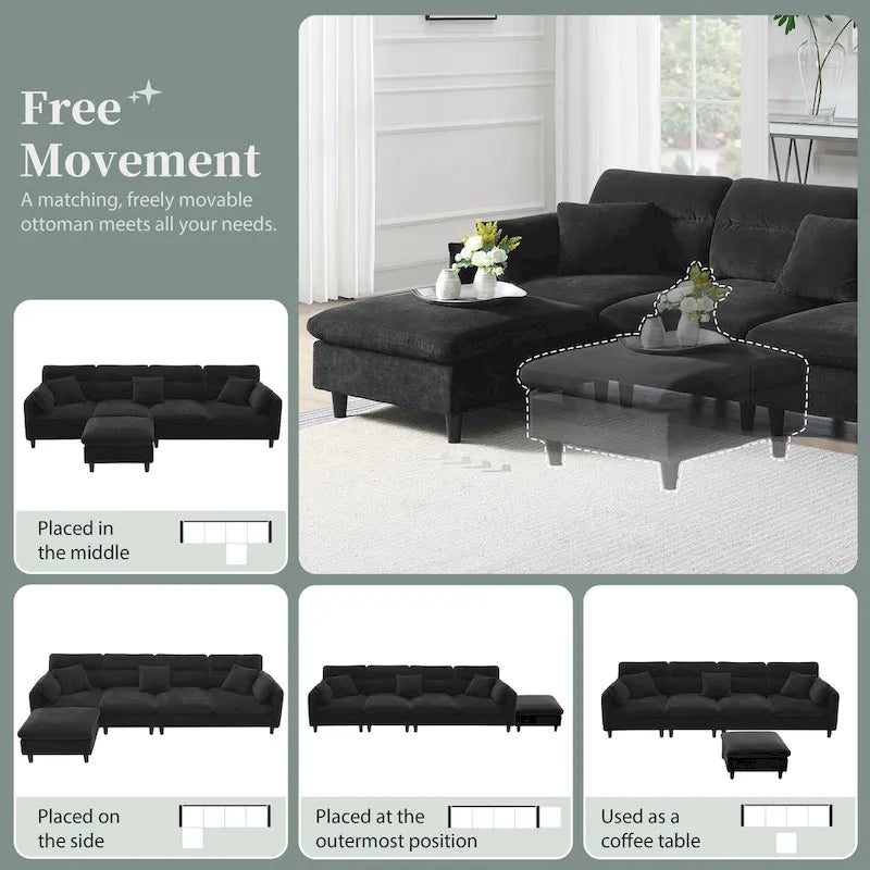 110 L-Shaped 5 Seater Sectional Sofa with Removable Ottoman, Cloud Chenille Upholstery and 5 Pillows