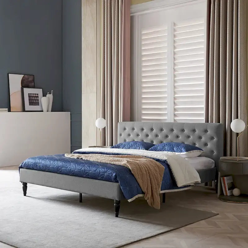 King Size Upholstered Platform Bed with Tufted Headboard, No Box Spring Needed