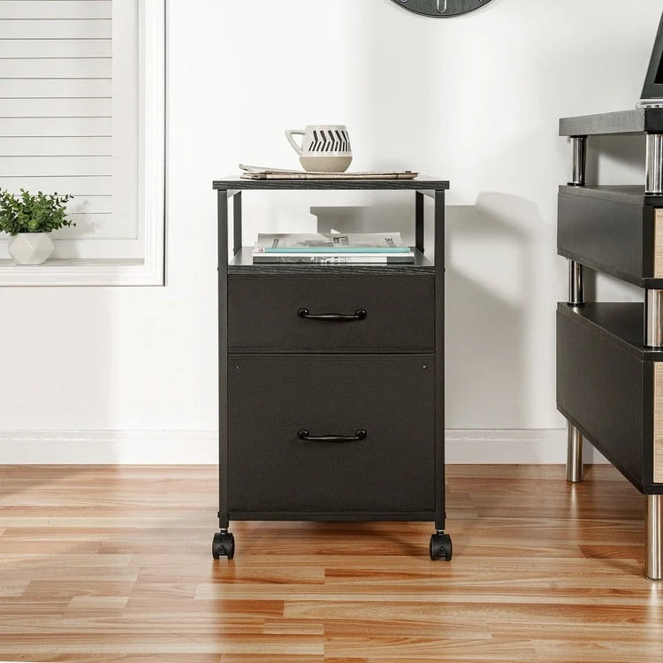 2 Drawer Mobile File Cabinet Rolling Printer Stand with Open Storage Shelf Fabric Vertical Filing Cabinet