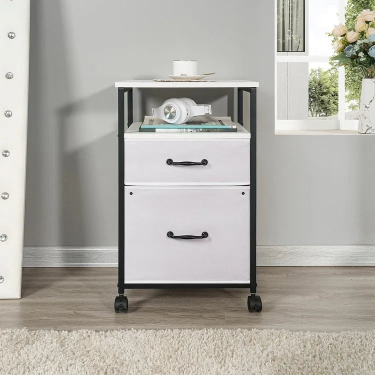 2 Drawer Mobile File Cabinet Rolling Printer Stand with Open Storage Shelf Fabric Vertical Filing Cabinet