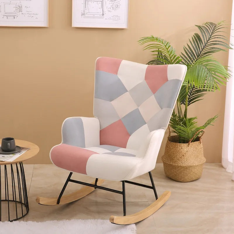 Mid Century Fabric Rocker Chair with Wood Legs and Patchwork Linen