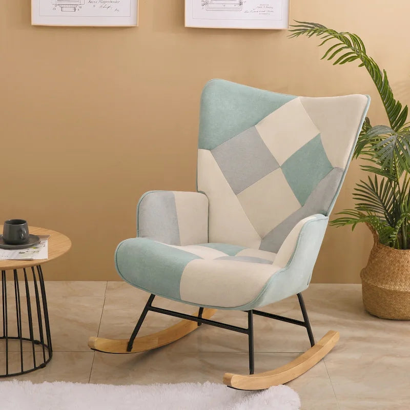 Mid Century Fabric Rocker Chair with Wood Legs and Patchwork Linen