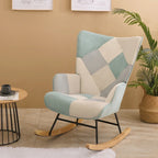 Mid Century Fabric Rocker Chair with Wood Legs and Patchwork Linen