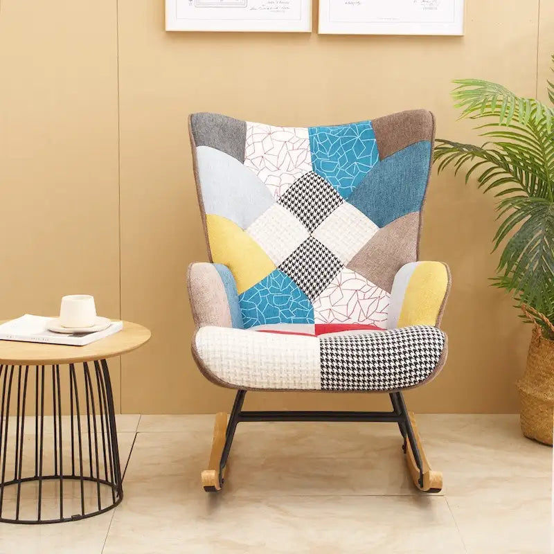 Mid Century Fabric Rocker Chair with Wood Legs and Patchwork Linen