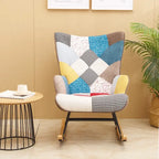 Mid Century Fabric Rocker Chair with Wood Legs and Patchwork Linen