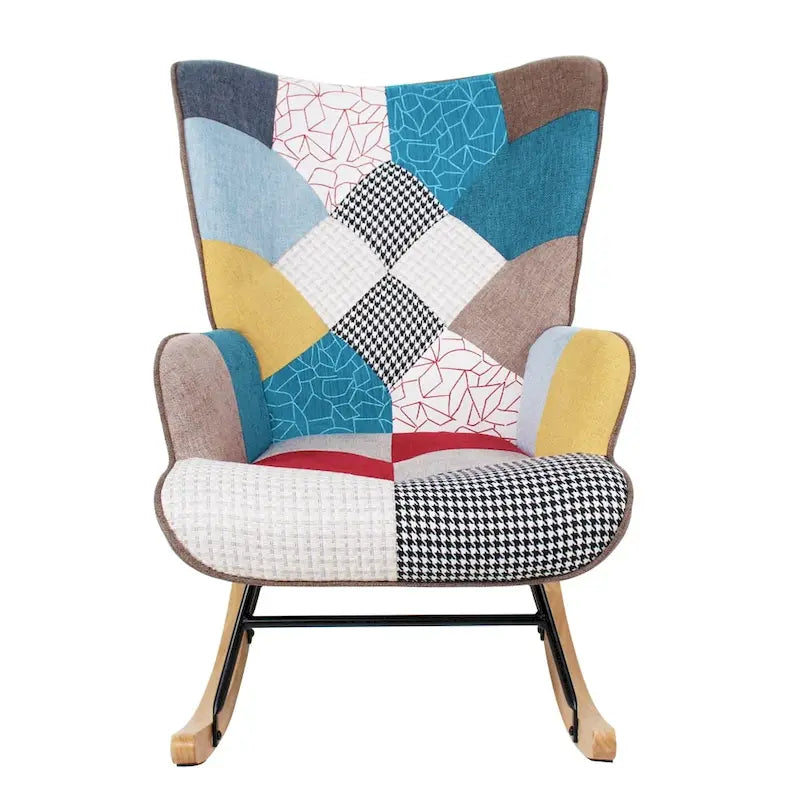 Mid Century Fabric Rocker Chair with Wood Legs and Patchwork Linen