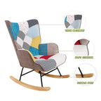 Mid Century Fabric Rocker Chair with Wood Legs and Patchwork Linen