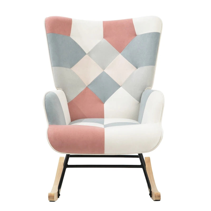 Mid Century Fabric Rocker Chair with Wood Legs and Patchwork Linen