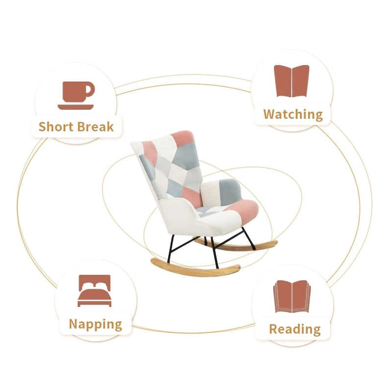 Mid Century Fabric Rocker Chair with Wood Legs and Patchwork Linen