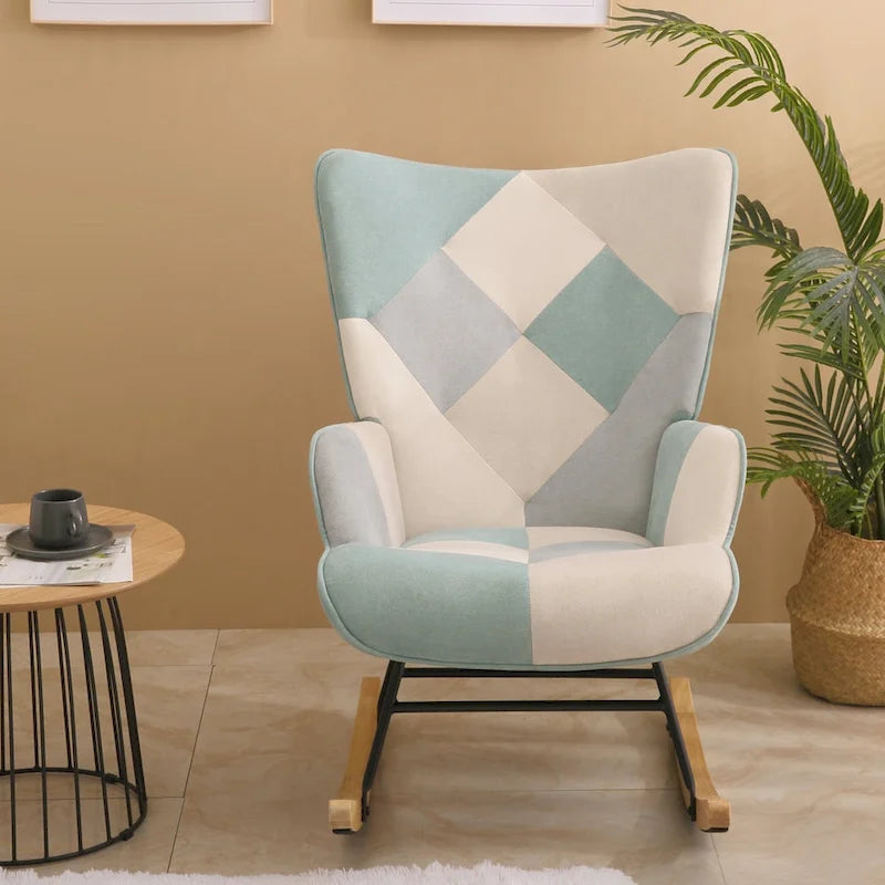 Mid Century Fabric Rocker Chair with Wood Legs and Patchwork Linen