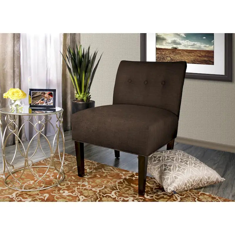 Button Tufted Accent Chair in Brownstone, Ikat Patterned Fabric with Espresso Wood Legs