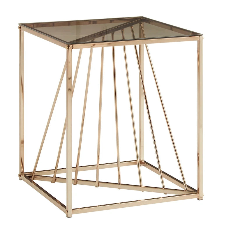 Square Smoky Glass Top End Table with Metal Frame, 21"x21"x24", Glittery Accent Side Table