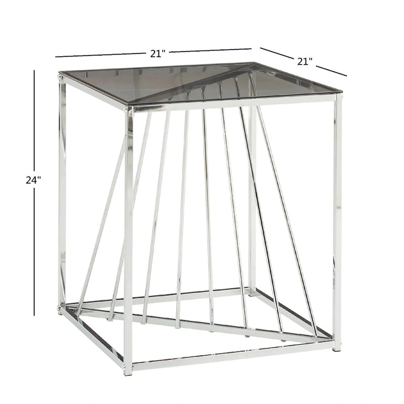 Square Smoky Glass Top End Table with Metal Frame, 21"x21"x24", Glittery Accent Side Table