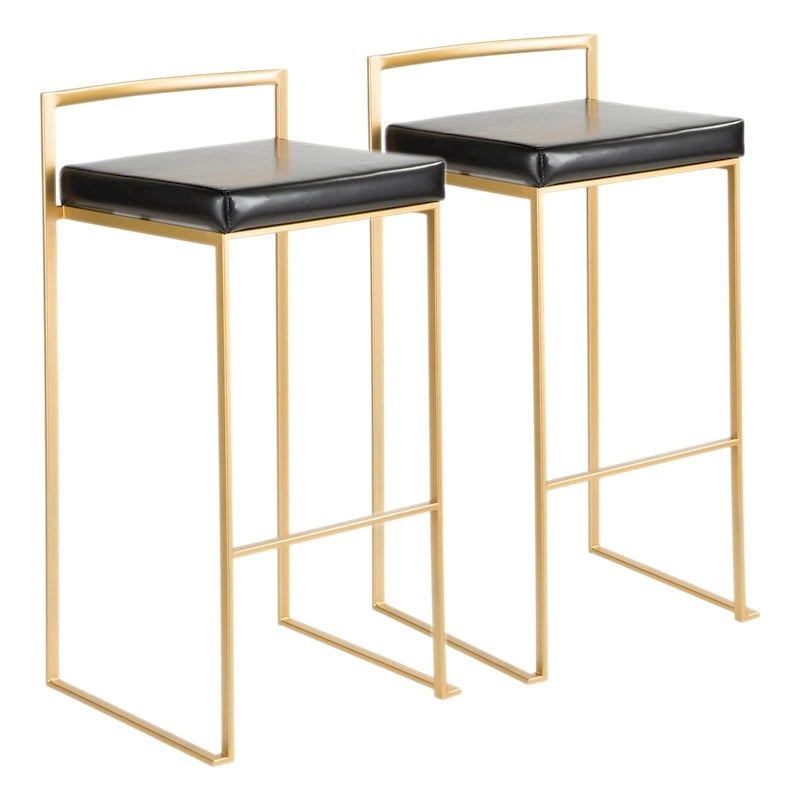 Stackable Bar Stool Set of 2, Gold Metal Frame with Padded Seat, 250 lbs Capacity, 34"H