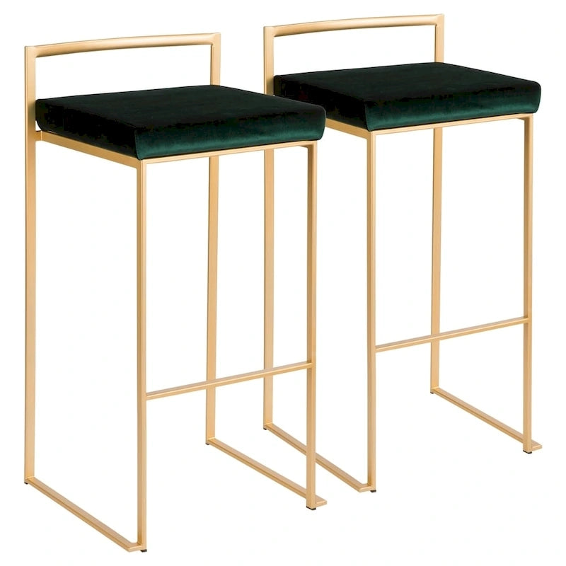 Stackable Bar Stool Set of 2, Gold Metal Frame with Padded Seat, 250 lbs Capacity, 34"H