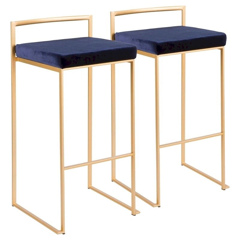 Stackable Bar Stool Set of 2, Gold Metal Frame with Padded Seat, 250 lbs Capacity, 34"H