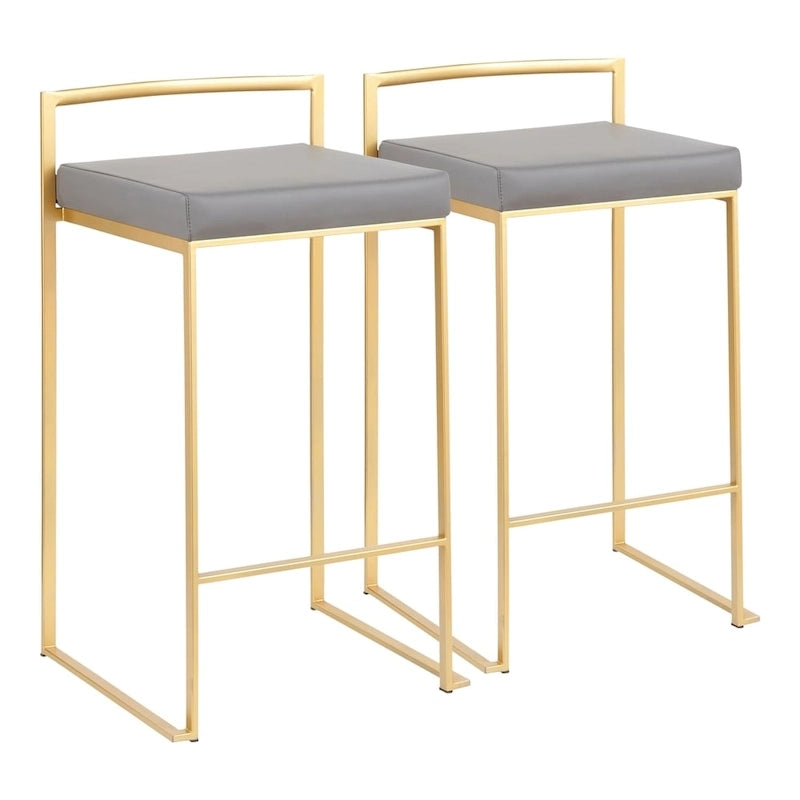 Stackable Bar Stool Set of 2, Gold Metal Frame with Padded Seat, 250 lbs Capacity, 34"H