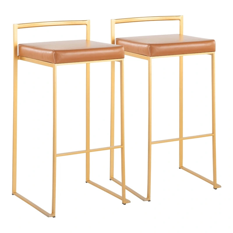 Stackable Bar Stool Set of 2, Gold Metal Frame with Padded Seat, 250 lbs Capacity, 34"H