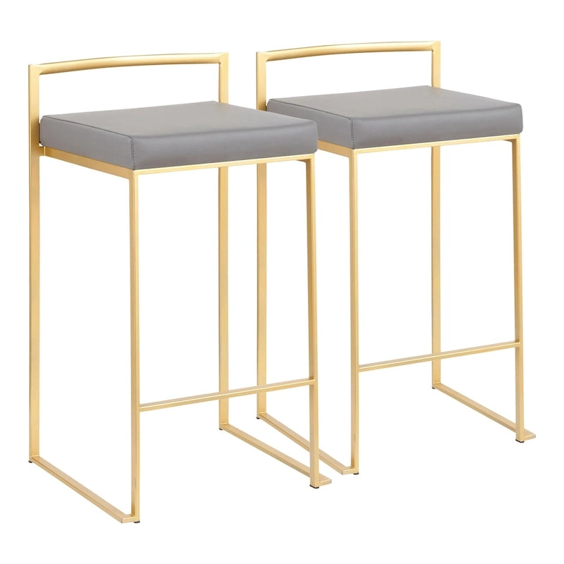 Stackable Bar Stool Set of 2, Gold Metal Frame with Padded Seat, 250 lbs Capacity, 34"H