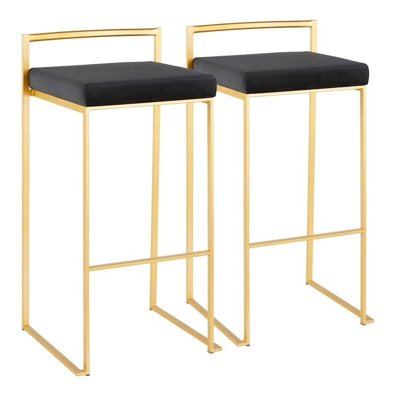 Stackable Bar Stool Set of 2, Gold Metal Frame with Padded Seat, 250 lbs Capacity, 34"H
