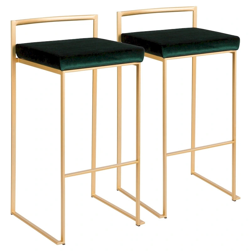Stackable Bar Stool Set of 2, Gold Metal Frame with Padded Seat, 250 lbs Capacity, 34"H
