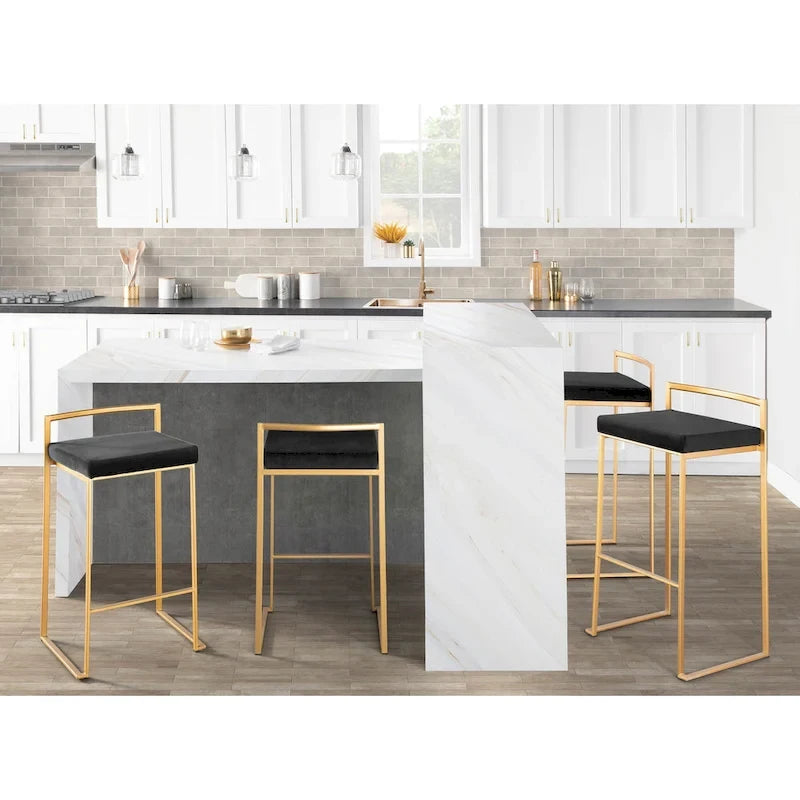 Stackable Bar Stool Set of 2, Gold Metal Frame with Padded Seat, 250 lbs Capacity, 34"H