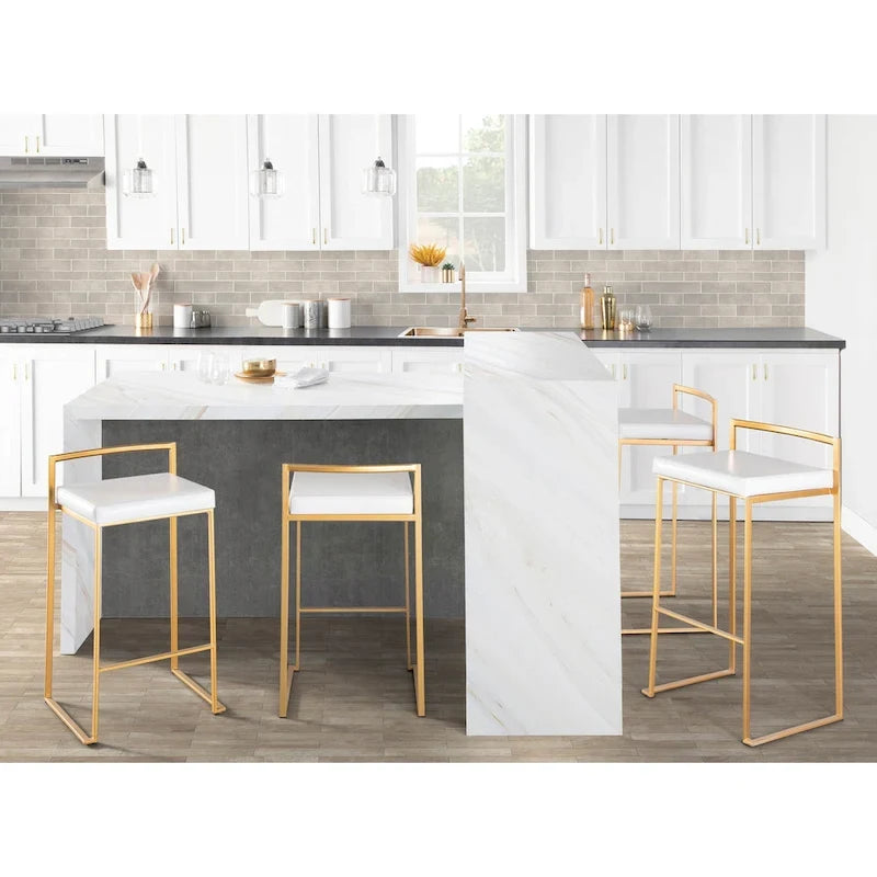 Stackable Bar Stool Set of 2, Gold Metal Frame with Padded Seat, 250 lbs Capacity, 34"H