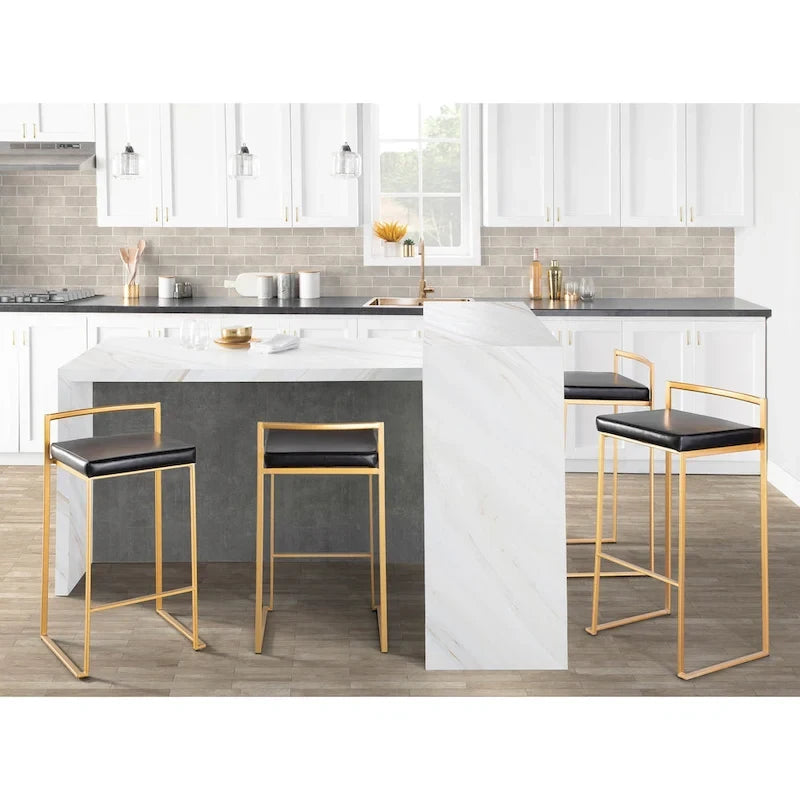 Stackable Bar Stool Set of 2, Gold Metal Frame with Padded Seat, 250 lbs Capacity, 34"H